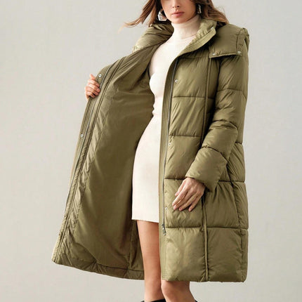 Ladies Camel Long Puffer Parka Jacket with Detachable Hood Winter Coat
