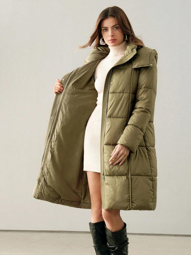Ladies Camel Long Puffer Parka Jacket with Detachable Hood Winter Coat