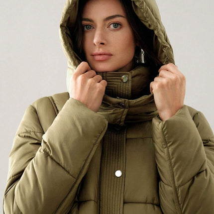 Ladies Camel Long Puffer Parka Jacket with Detachable Hood Winter Coat