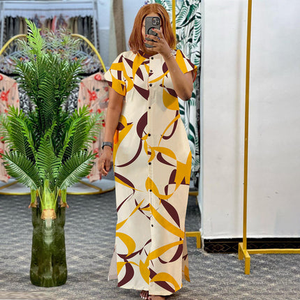 Plus Size Summer Shirt Dress Women Elegant Stand Collar Split Maxi