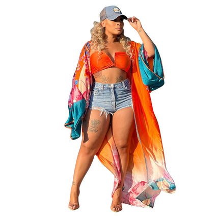 Women Long Printed Windbreaker Coat Spring Autumn Lightweight Jacket