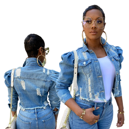 Women Ripped Denim Jacket Puff Sleeve Single Breasted Autumn Coat