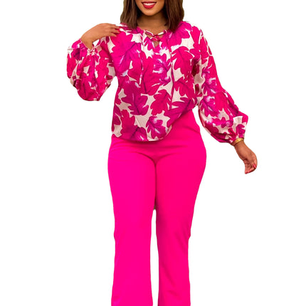 Women’s Office Two Piece Set Printed Long Sleeve Top Wide Leg Pants