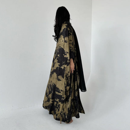 Women's Modest Dubai Abaya Islamic Open Kaftan with Gold Print