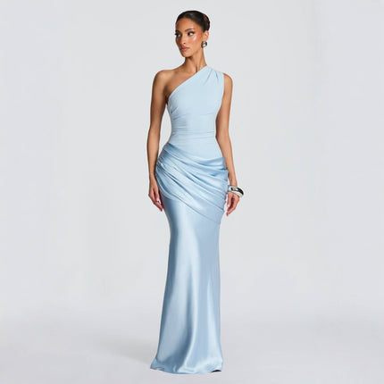 Women's One Shoulder Pleated Satin Hip Wrap Summer Evening Party Dress