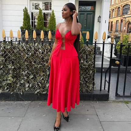 Women’s Summer 2-Piece Skirt Set Strap Top & High-Waist Maxi Skirt Outfit