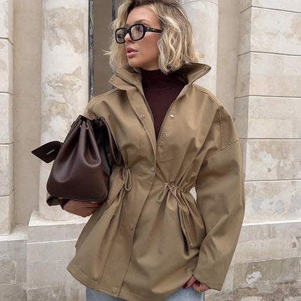 Women's Stand Collar Long Sleeve Zipper Trench Coat Casual Elegant Windbreaker