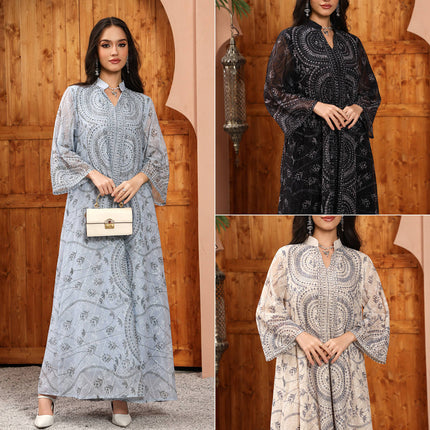 High Quality Rhinestone Abaya Dress for Women Breathable Dubai Kaftan