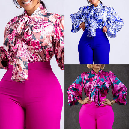 African Print Tie-Up Blouse for Women Slim Fit Elegant Fashion Shirt