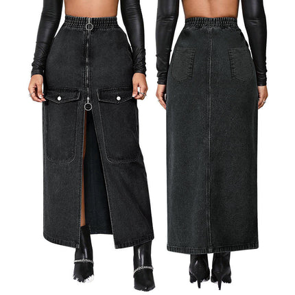 Plus Size Women Denim Maxi Skirt Elastic Waist Zipper Pocket Jean Skirt