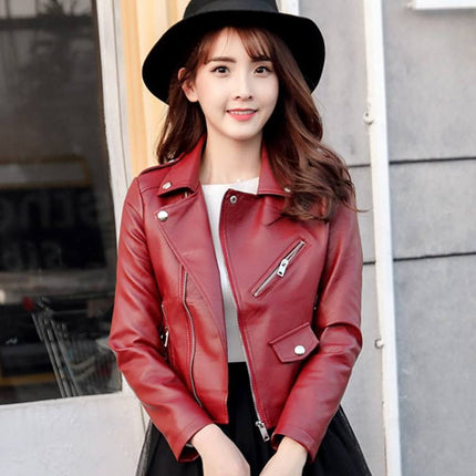 Women’s PU Leather Moto Jacket Slim Fit Short Korean Spring Style