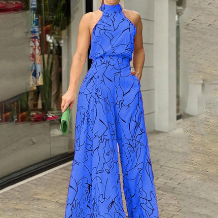 Printed Wide Leg Summer Jumpsuit for Women High Waist Halter Lace-Up