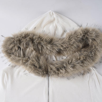 Winter Women Fur Patchwork Hooded Crop Jacket & Pants 2 Piece Set