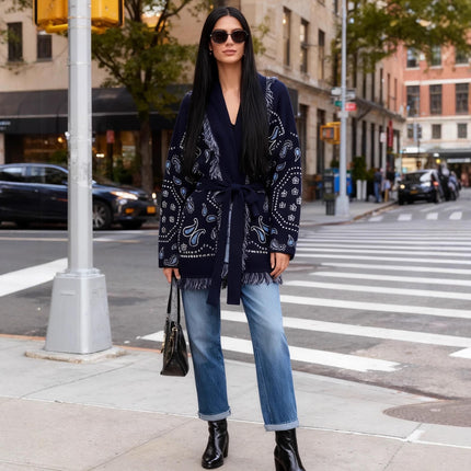 Women’s Winter Jacquard Lace-Up Lapel Tassel Cardigan Coat Jacket