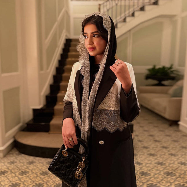 Modest Open Abaya for Women | Lace Cardigan Dubai Robe with Scarf