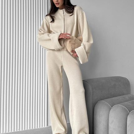 Women's Autumn Winter Two Piece Knitted Zipper Jacket and Wide Leg Pants Loose Fit Sweater Set