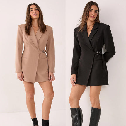 Women's Lapel Long Sleeve Lace Up Blazer Mini Dress Slim Office Party Wear