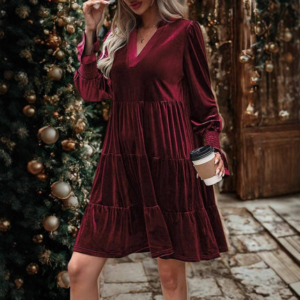 Women's V Neck Bubble Sleeve Velvet Hollow Out Autumn Winter Evening Party Dress
