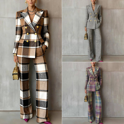 Women’s Plaid Blazer & Pants Suit Office Two-Piece Formal Set