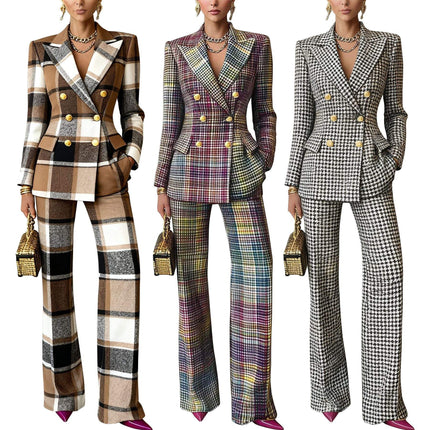 Women’s Plaid Blazer & Pants Suit Office Two-Piece Formal Set