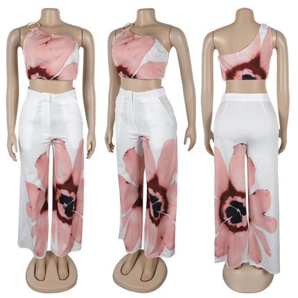 Women Summer Two Piece Set Single Shoulder Top Wide Leg Pants Outfit