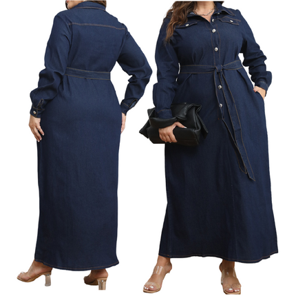 Women’s Plus Size Denim Maxi Dress Casual Long Sleeve Button-Down Autumn