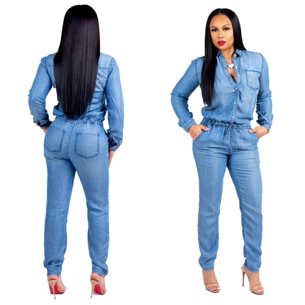 Women’s Stretch Denim Jumpsuit Long Sleeve One Piece Romper