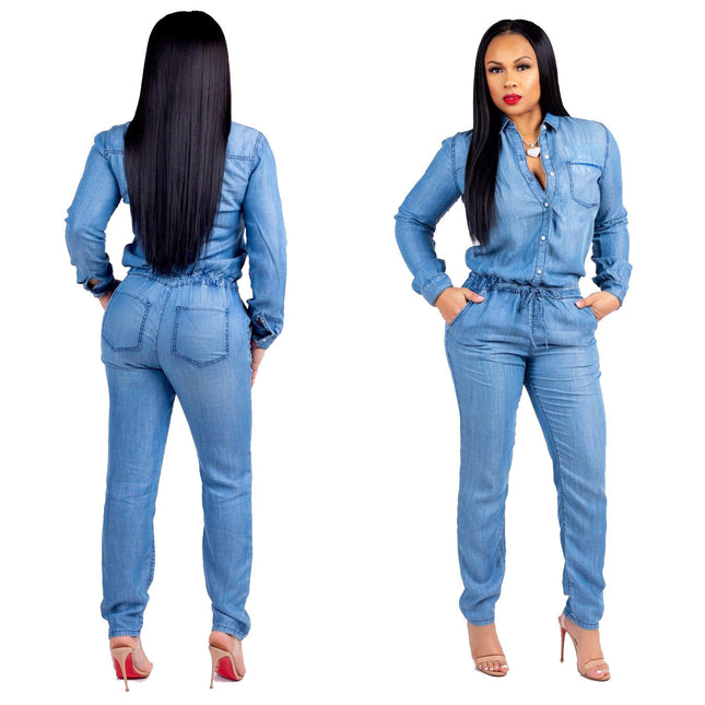 Women’s Stretch Denim Jumpsuit Long Sleeve One Piece Romper