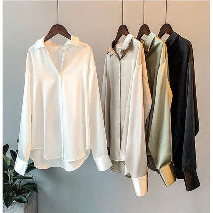 Vintage Satin Sheer Blouse for Women Long Sleeve Elegant Overshirt