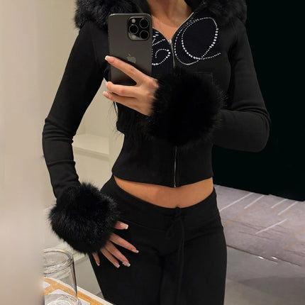 Women’s Winter Fur Rhinestone Hoodie Jacket & Sweatpants 2-Piece Set