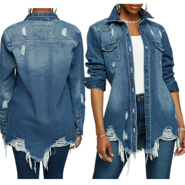 Women’s Autumn Denim Trench Coat Turn-Down Collar Single Breasted Jacket