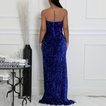 Modest Sequin Evening Maxi Dress Strapless Backless Sleeveless Party Gown