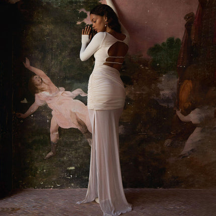 Women's Long Sleeve Backless Winter Slit Evening Party Dress Pleated Wrap Gown