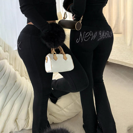 Women’s Winter Fur Rhinestone Hoodie Jacket & Sweatpants 2-Piece Set