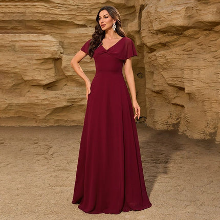 Elegant V Neck Chiffon Maxi Evening Gown A Line Prom Party Dress