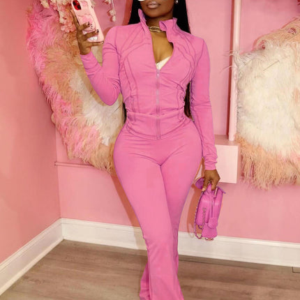 Women Two Piece Tracksuit Long Sleeve Top and Micro Flare Pants Set