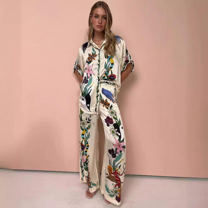 Women's Satin Printed Two Piece Shirt and Wide Leg Trousers Casual Fashion Suit