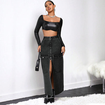 Plus Size Women Denim Maxi Skirt Elastic Waist Zipper Pocket Jean Skirt