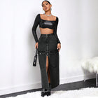 Plus Size Women Denim Maxi Skirt Elastic Waist Zipper Pocket Jean Skirt