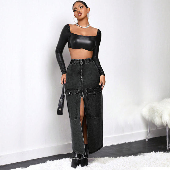 Plus Size Women Denim Maxi Skirt Elastic Waist Zipper Pocket Jean Skirt