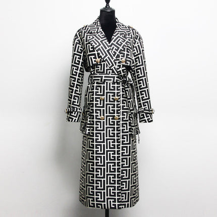 Women’s Black Trench Coat with Belt | Double-Breasted Printed Long Jacket
