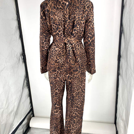Women's Leopard Lapel Blazer and Wide Leg Pants Autumn Winter Office Suit