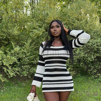 Women Sexy Hollow Out Knit Mini Dress Long Sleeve Bodycon Spring Fall