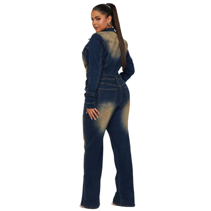 Women’s Autumn Denim Jumpsuit Long Sleeve Flared Pants With Belt