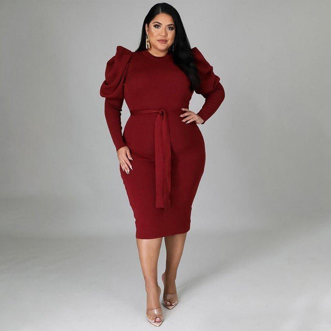 Plus Size African Church Dress for Women Lace Up Long Sleeve O Neck