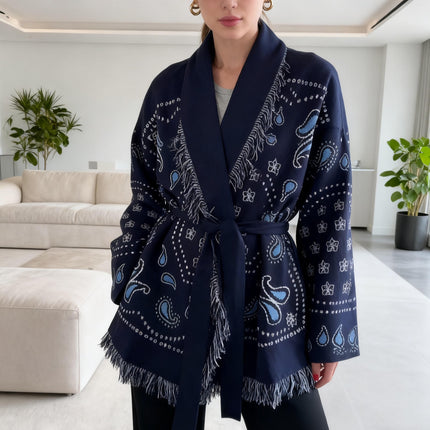 Women’s Winter Jacquard Lace-Up Lapel Tassel Cardigan Coat Jacket