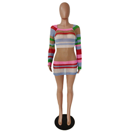 Women Sexy Hollow Out Knit Mini Dress Long Sleeve Bodycon Spring Fall