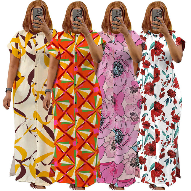 Plus Size Summer Shirt Dress Women Elegant Stand Collar Split Maxi