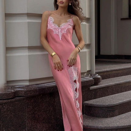 Women's Backless Halter Sleeveless Lace High Slit Summer Party Long Dress
