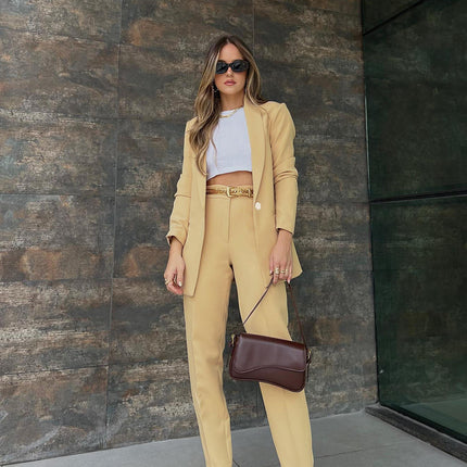 Women's One Button Solid Blazer and Casual Pants Autumn Winter Office Suit
